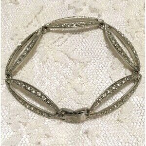 Vintage Monet Chain Bracelet Silver Tone Rhinestones Marquis Link Foldover Clasp